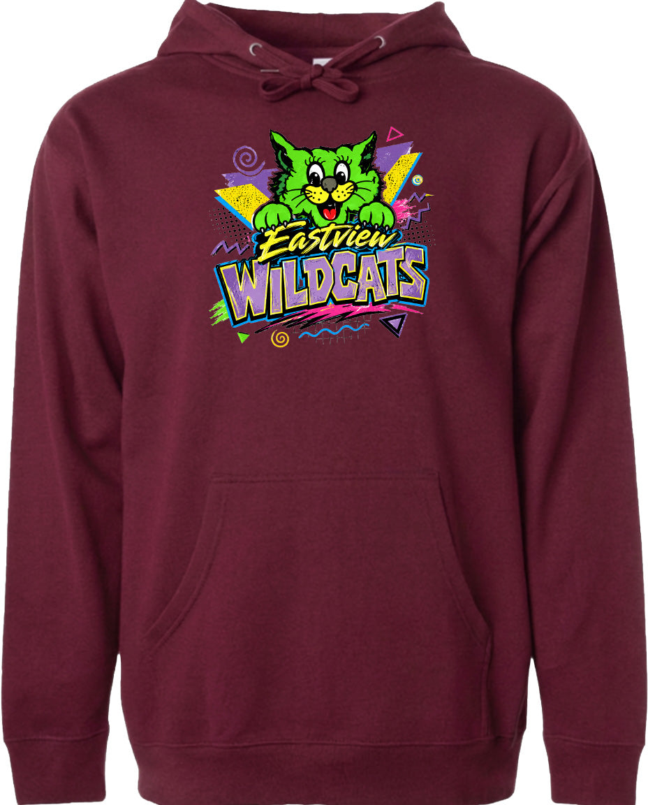 A burgundy hoodie with a colorful graphic design featuring a cartoon cat and the text "EASTVIEW WILDCATS".