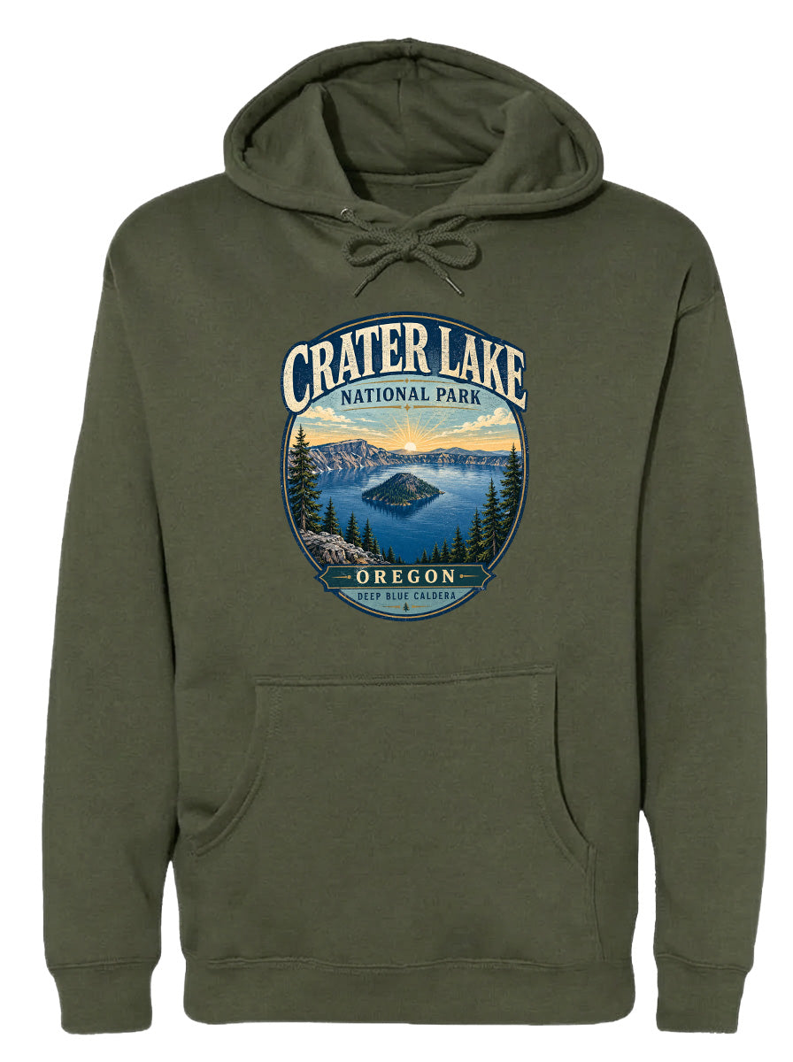 A green hoodie with a graphic design depicting Crater Lake National Park in Oregon.