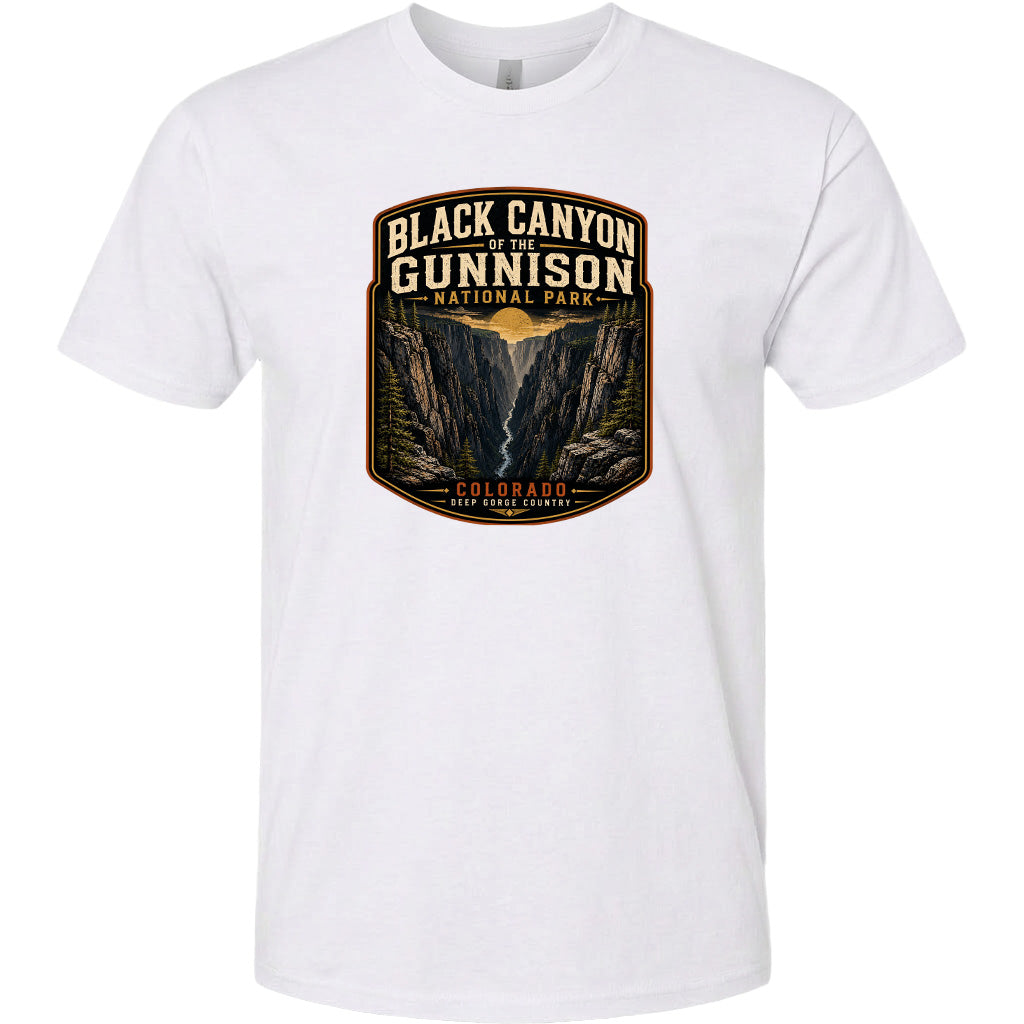 A white t-shirt with a graphic design depicting the Black Canyon of the Gunnison National Park in Colorado.