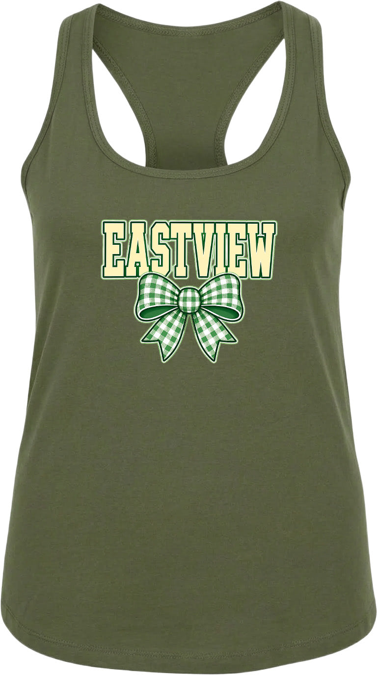 A green tank top with the word "EASTVIEW" and a bow graphic printed on it.