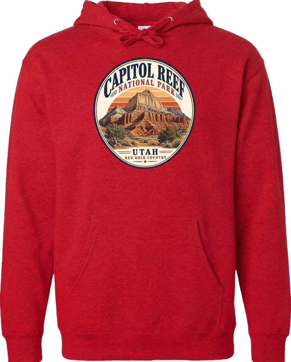 A red hoodie with a circular design featuring the Capitol Reef National Park in Utah.