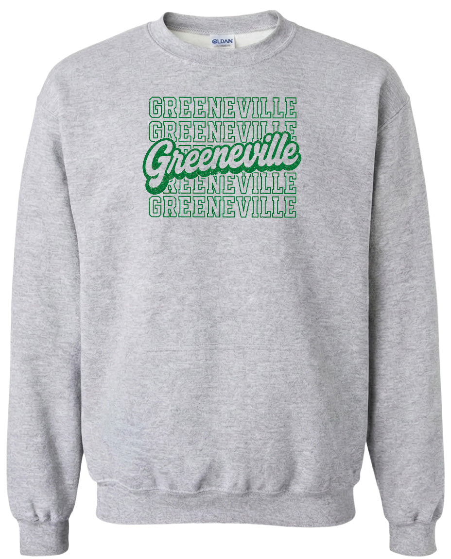 A gray sweatshirt with a graphic design featuring the text "Greenville" repeated in a stylized font.