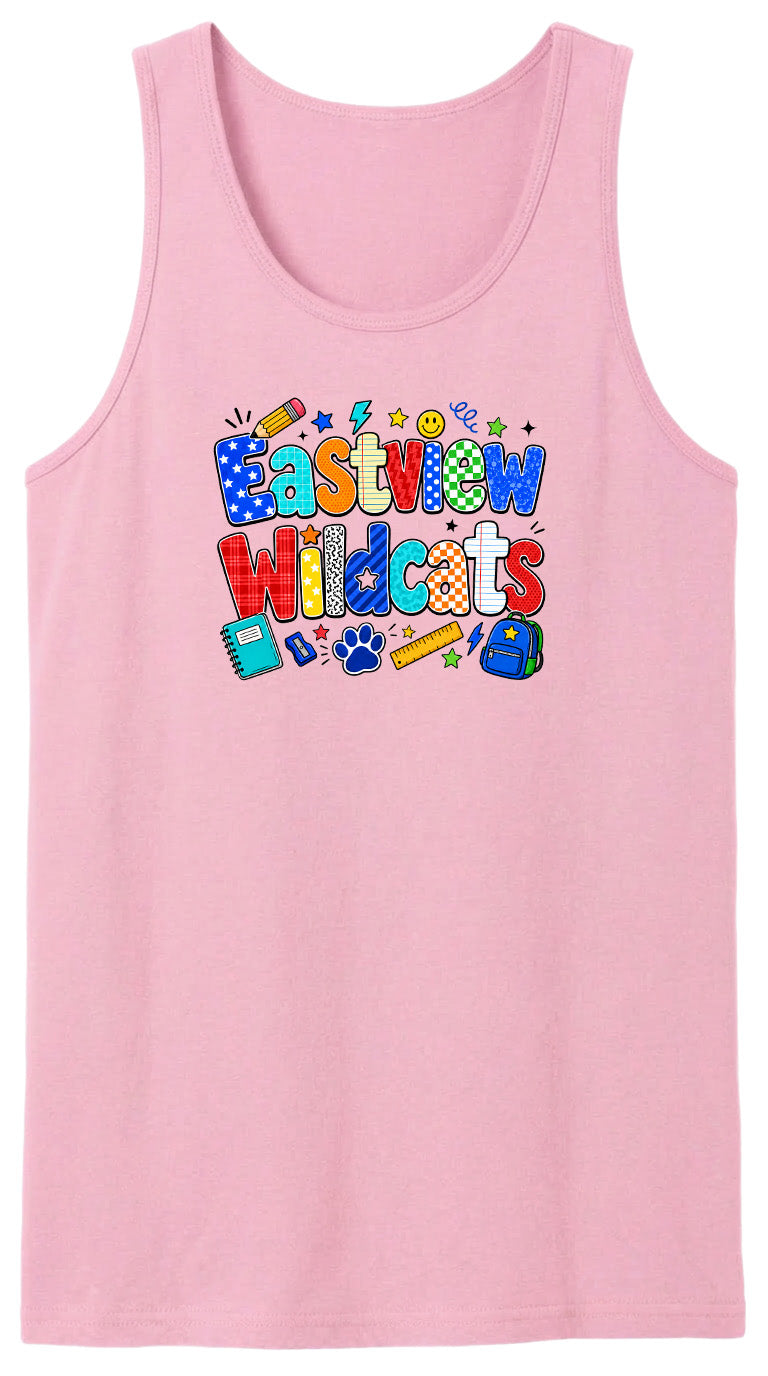 A pink tank top with a colorful graphic design featuring the text "Eastview Wildcats" and various school-related icons such as a pencil, backpack, and book.