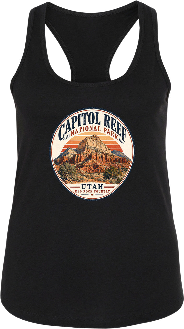 A black tank top with a circular graphic design featuring the Capitol Reef National Park in Utah.
