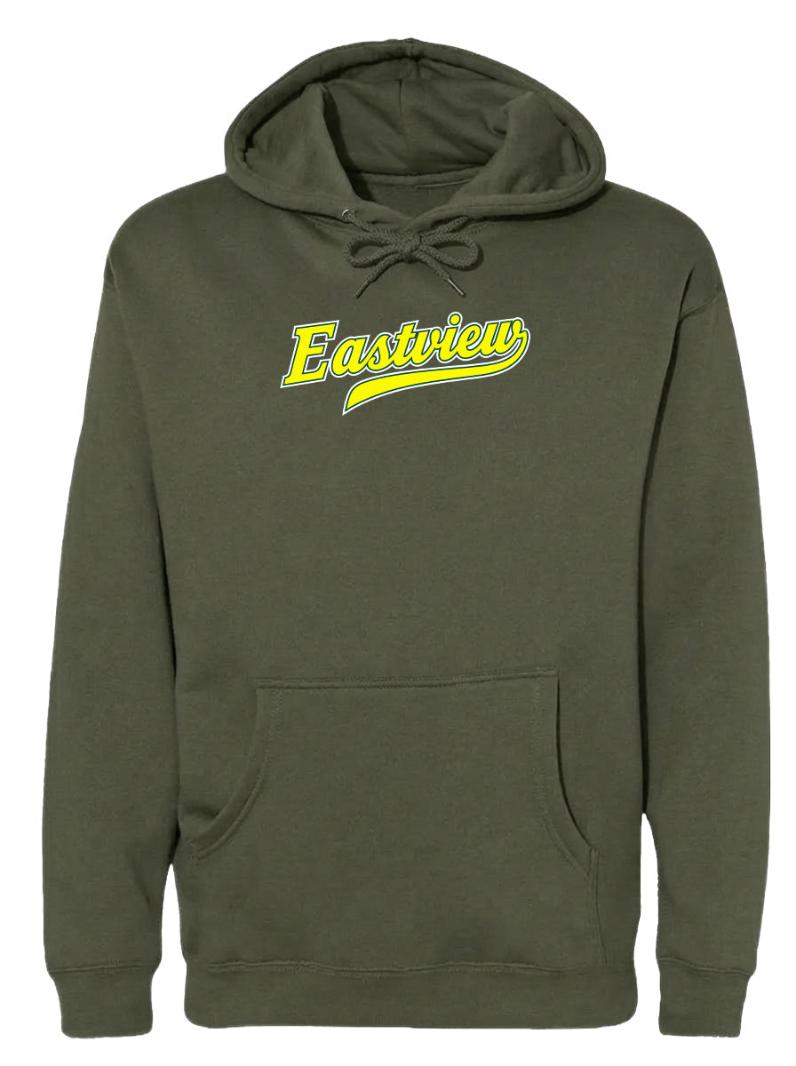 A dark green hoodie with a yellow logo on the front.
