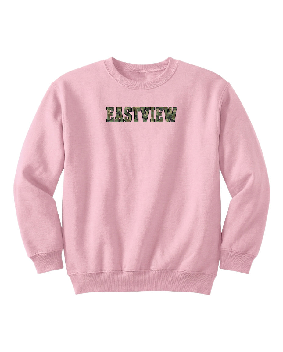 A pink sweatshirt with the word "EASTVIEW" printed on it in a stylized font.