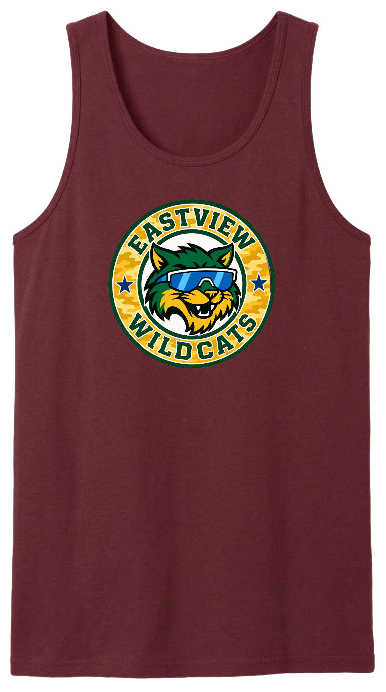 A maroon tank top with a circular logo featuring a cartoon cat wearing sunglasses and the text "EASTVIEW WILDCATS".