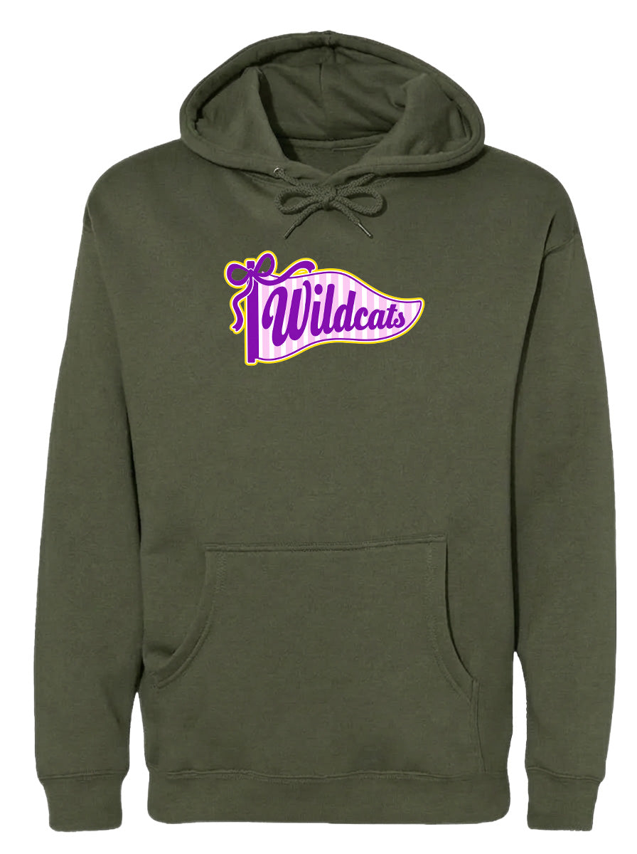 A green hoodie with a purple and yellow graphic on the front, featuring the text "Wildcats".