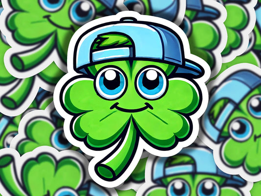 a green sticker with a hat on top of it