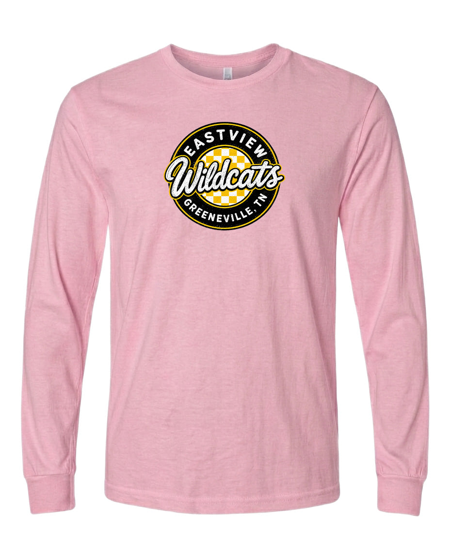 A pink long-sleeved t-shirt with a logo on the front.