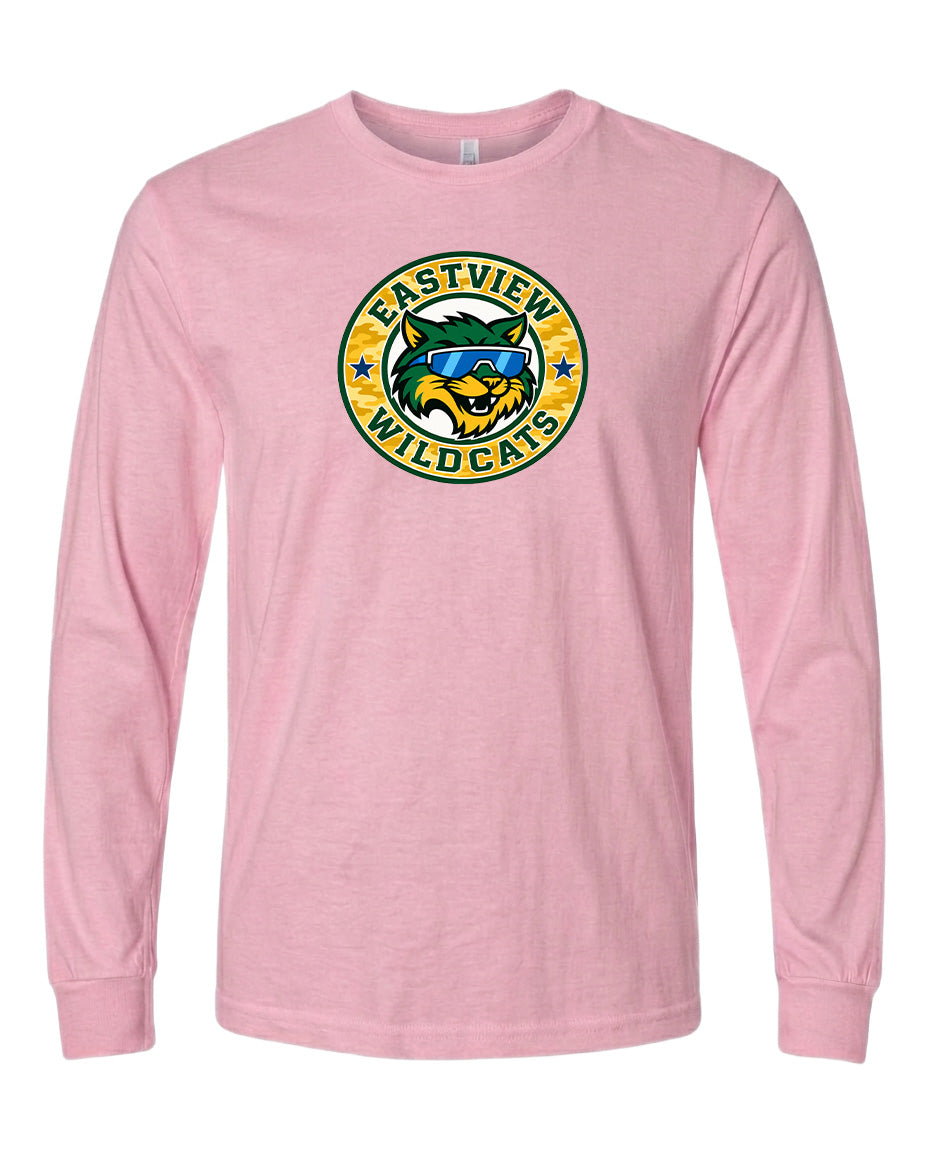 A pink long-sleeved t-shirt with a graphic design featuring a cartoon-like wildcat wearing sunglasses and the text "EASTVIEW WILDCATS" printed on it.