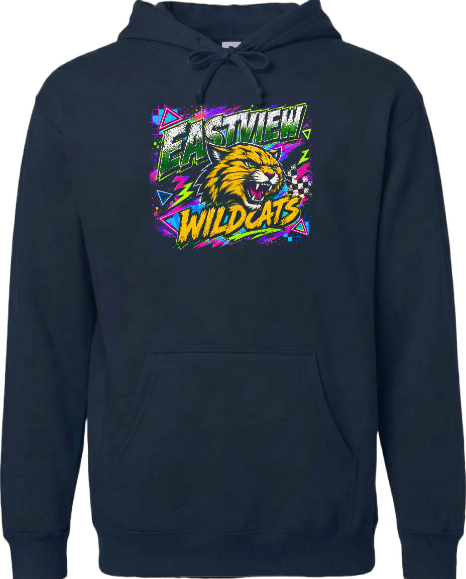 A black hoodie with a graphic design featuring a fierce-looking cat and the text "EASTVIEW WILDCATS" in a colorful, retro-style font.