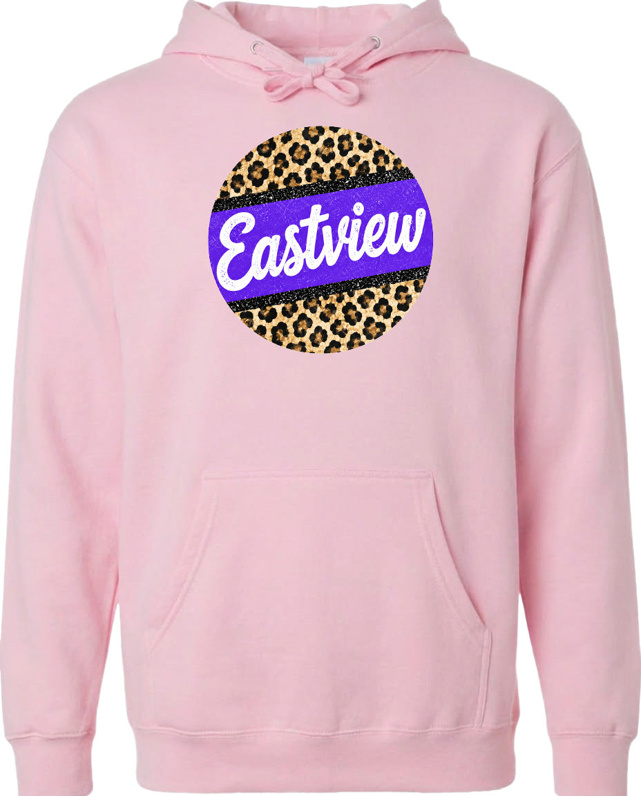 A pink hoodie with a leopard print design and the word "Eastview" printed on it.