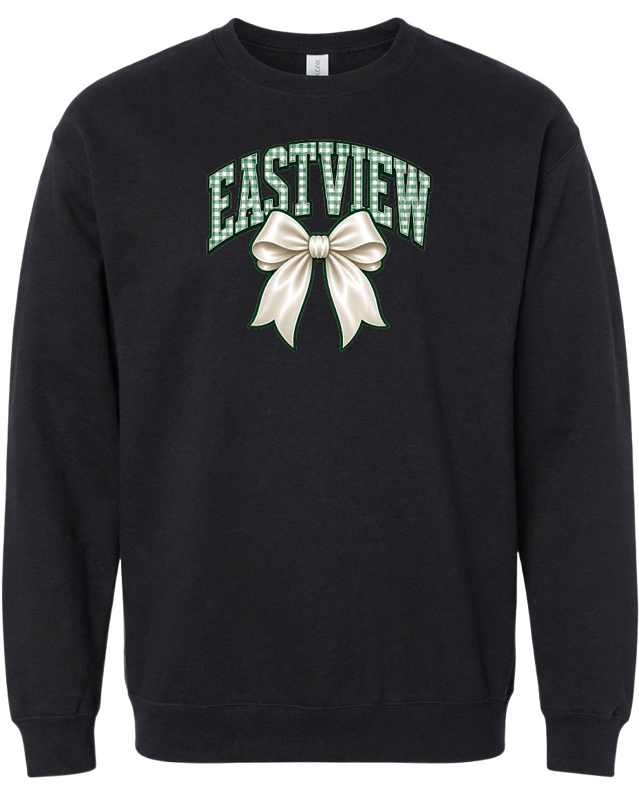 A black sweatshirt with a graphic design on the front. The design consists of a white ribbon with a bow, and the text "EASTVIEW" is written above it.