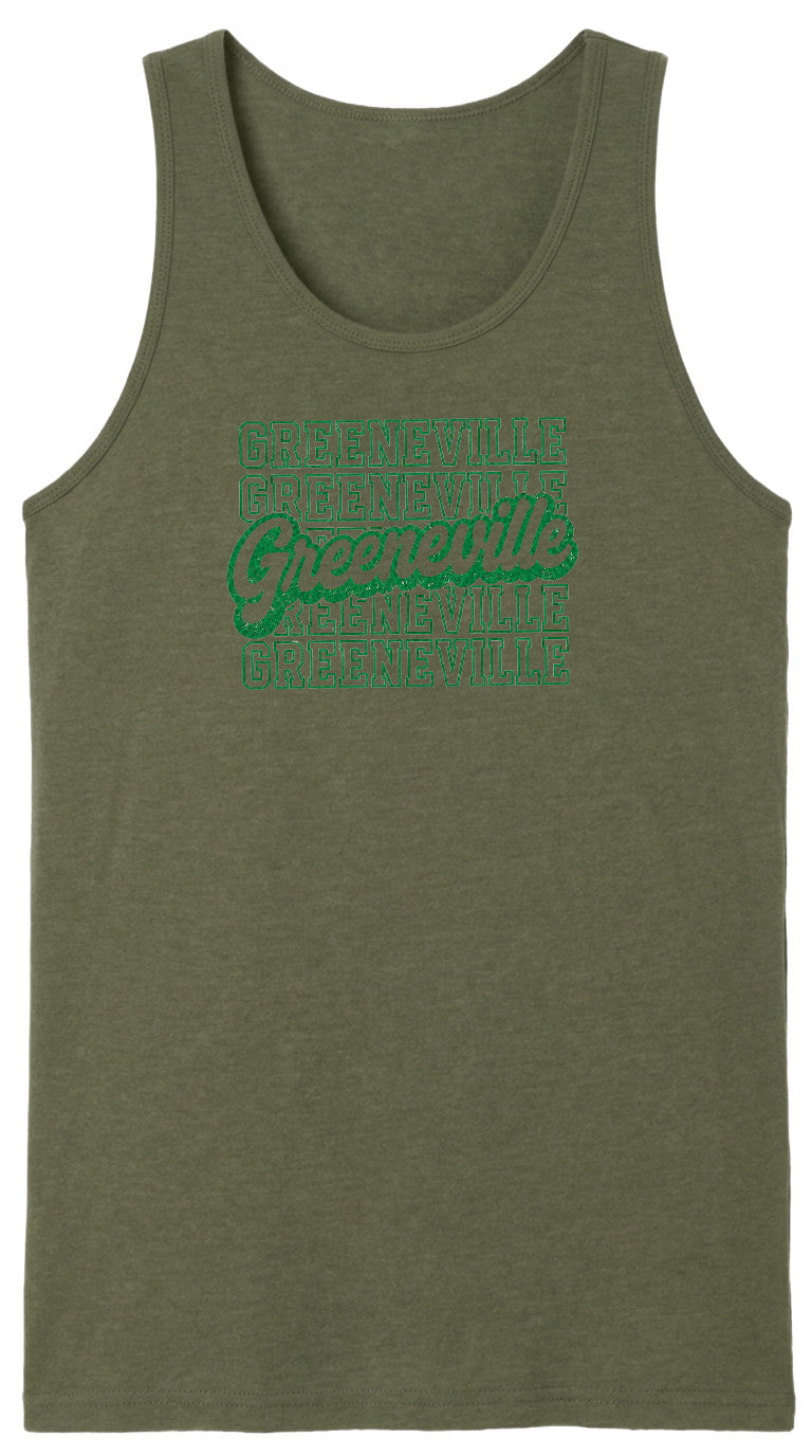 A green tank top with the text "Greenville" printed in a stylized font across the front.