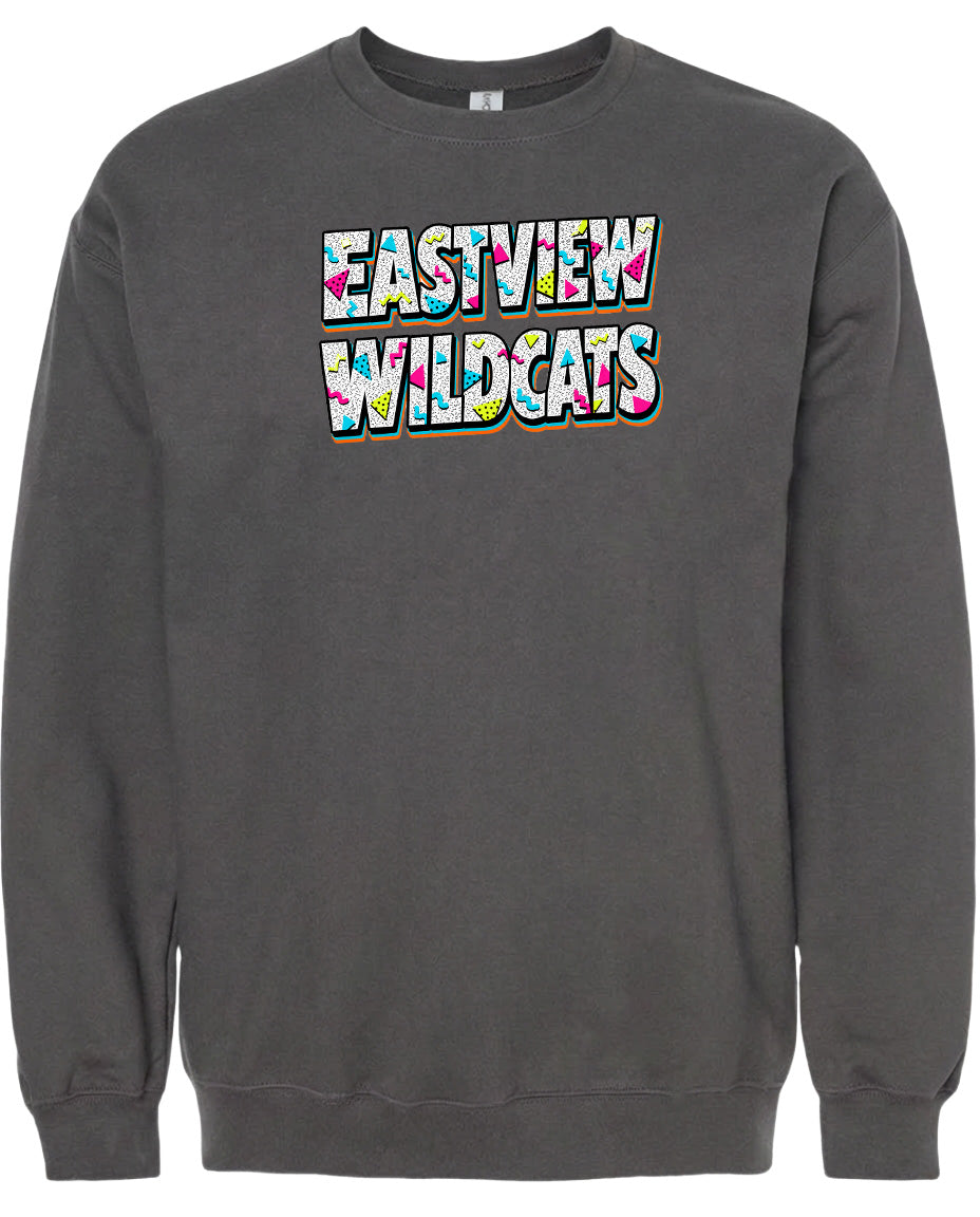 A gray sweatshirt with the text "EASTVIEW WILDCATS" printed on it in a colorful, stylized font.