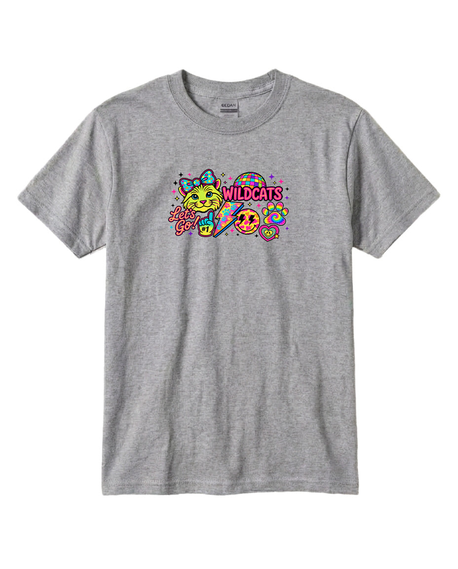 A gray t-shirt with a colorful graphic design featuring a cartoon character and the text "WILDCATS" printed on it.