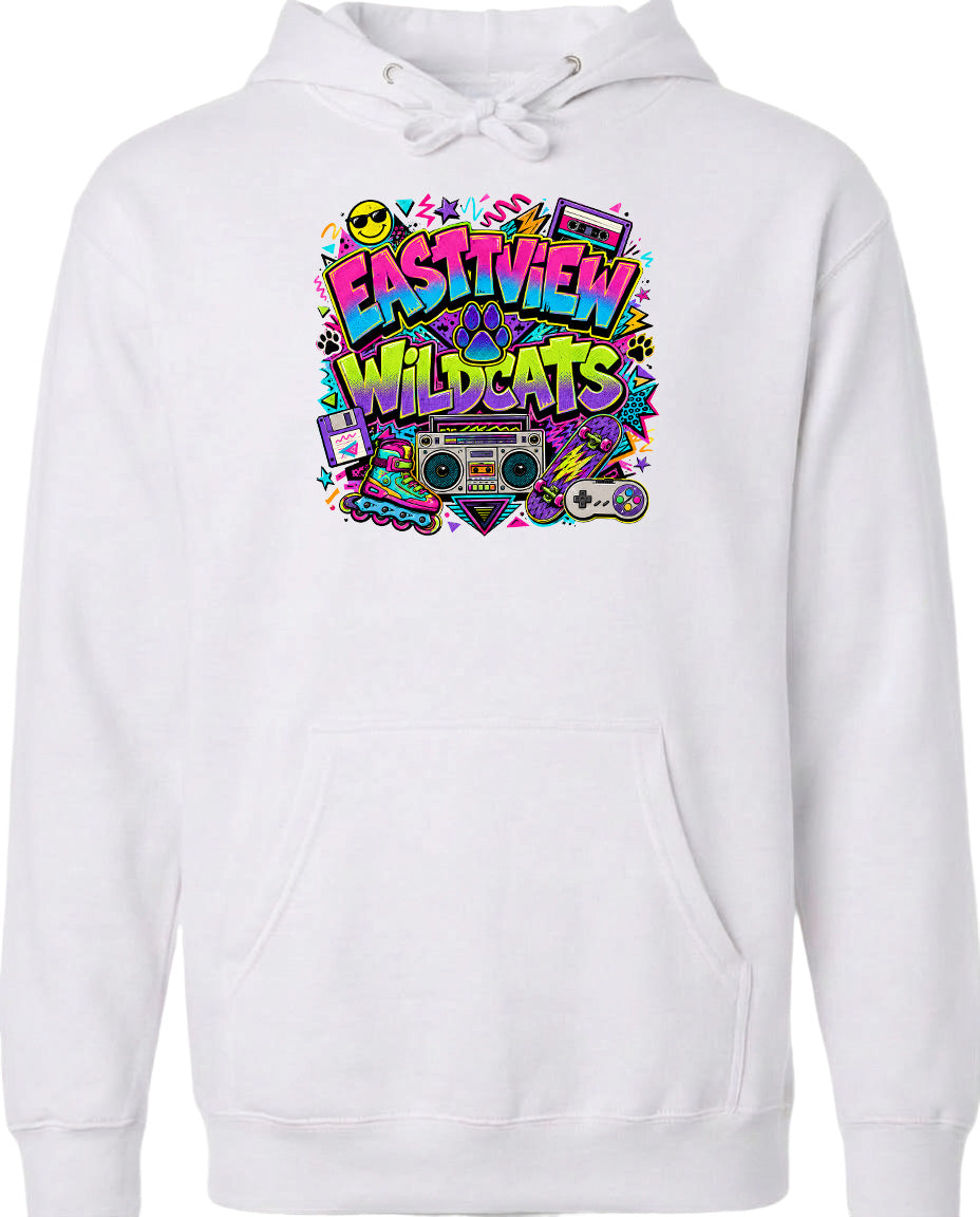 A white hoodie with a colorful graphic design featuring the text "EASTVIEW WILDCATS" surrounded by various pop culture icons and elements.