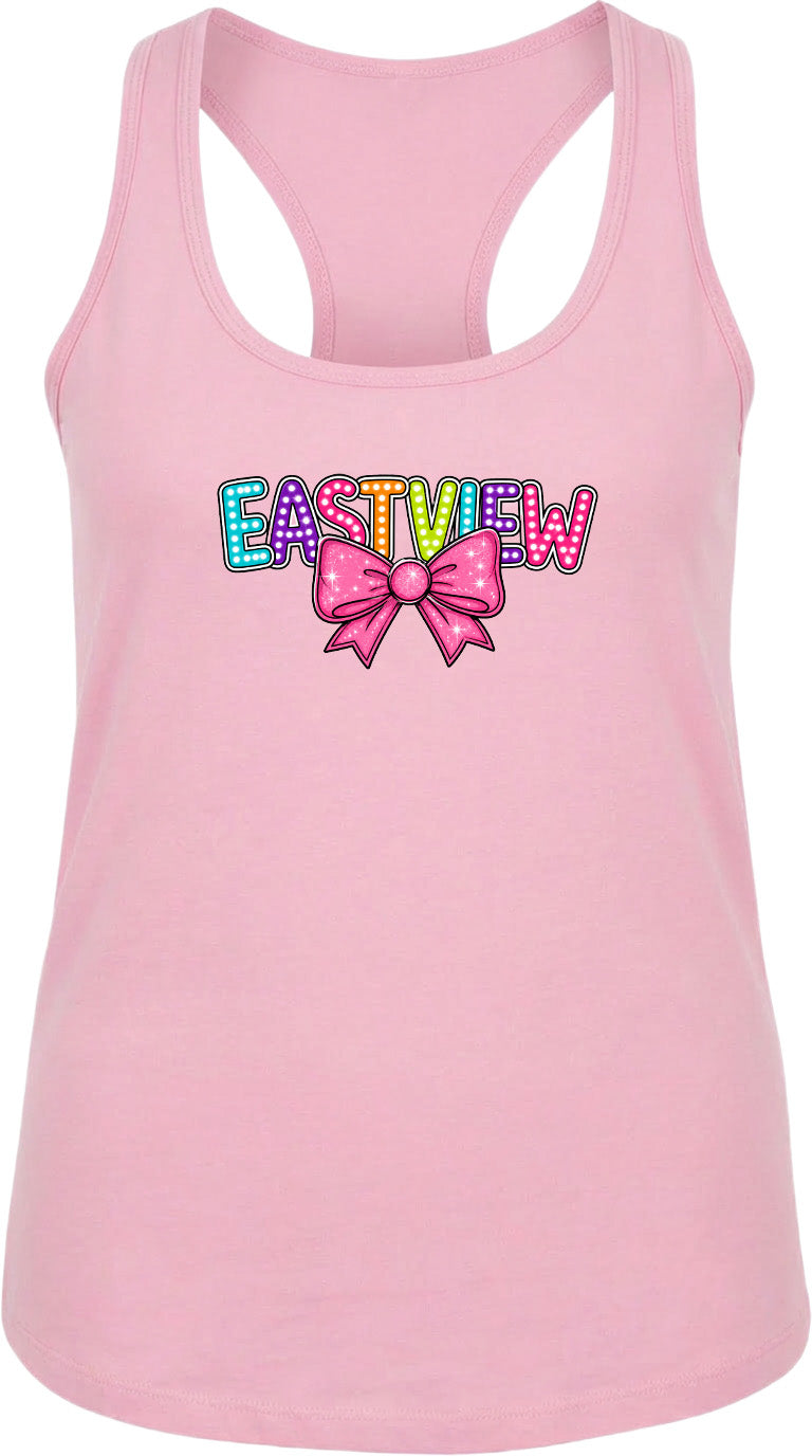 A pink tank top with the word "EASTVIEW" printed on it, along with a bow graphic.