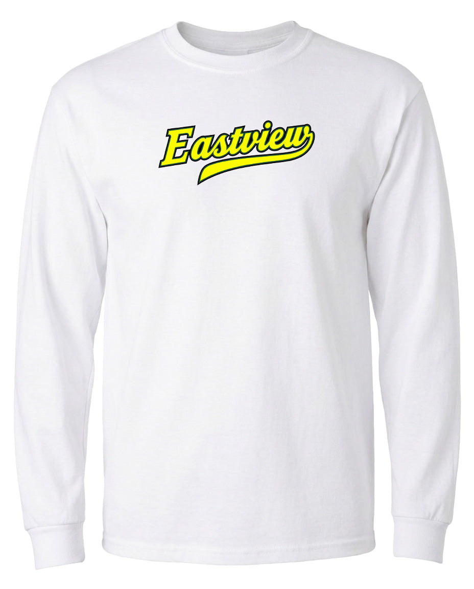 A white long-sleeved t-shirt with the text "Eastview" printed in yellow on the front.
