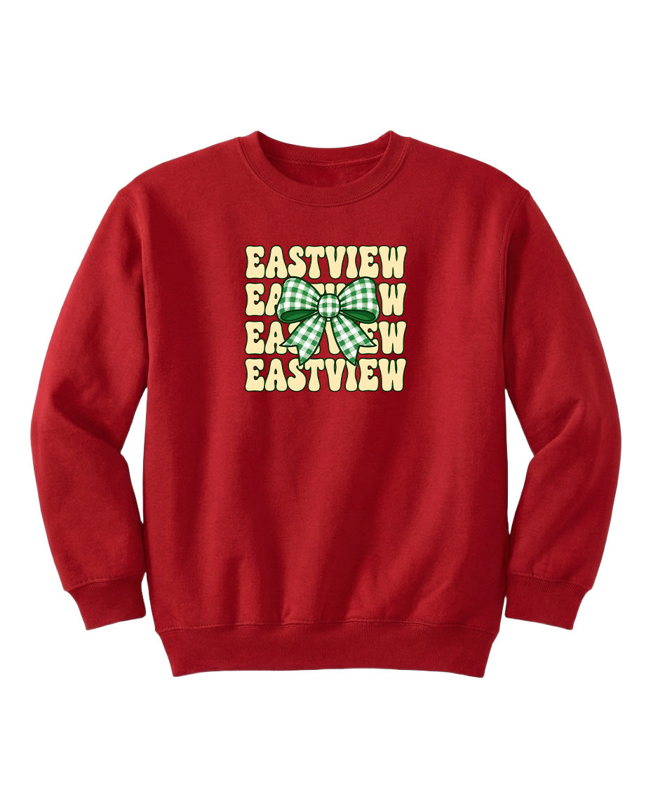 A red sweatshirt with a green bow and the text "EASTVIEW" printed on it.