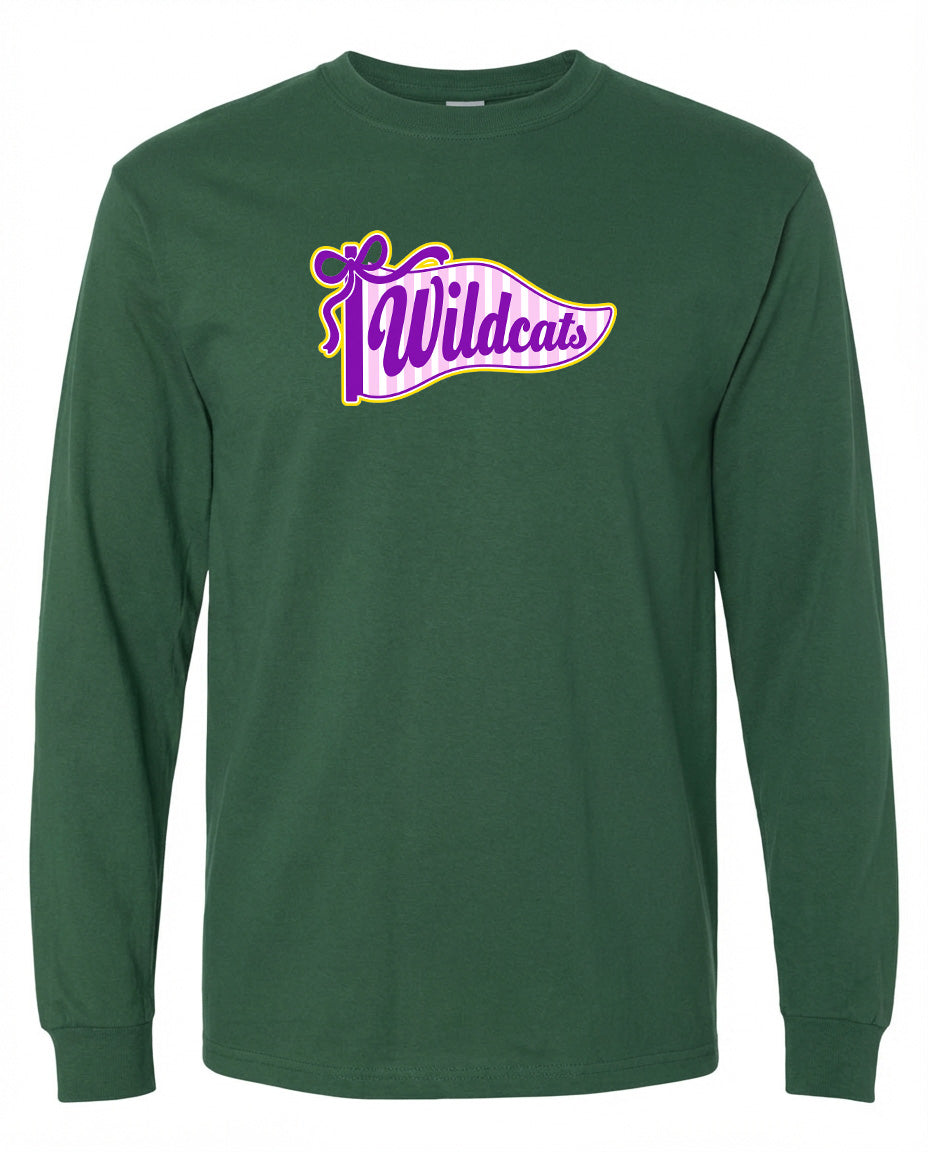 A long-sleeved green t-shirt with a purple and yellow graphic design on the front.