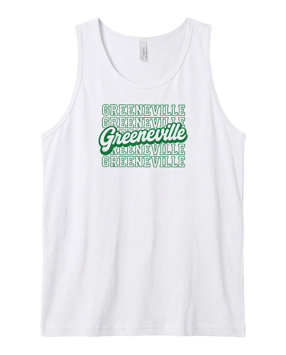 A white tank top with a graphic design featuring the text "Greeneville" repeated in a stylized font.