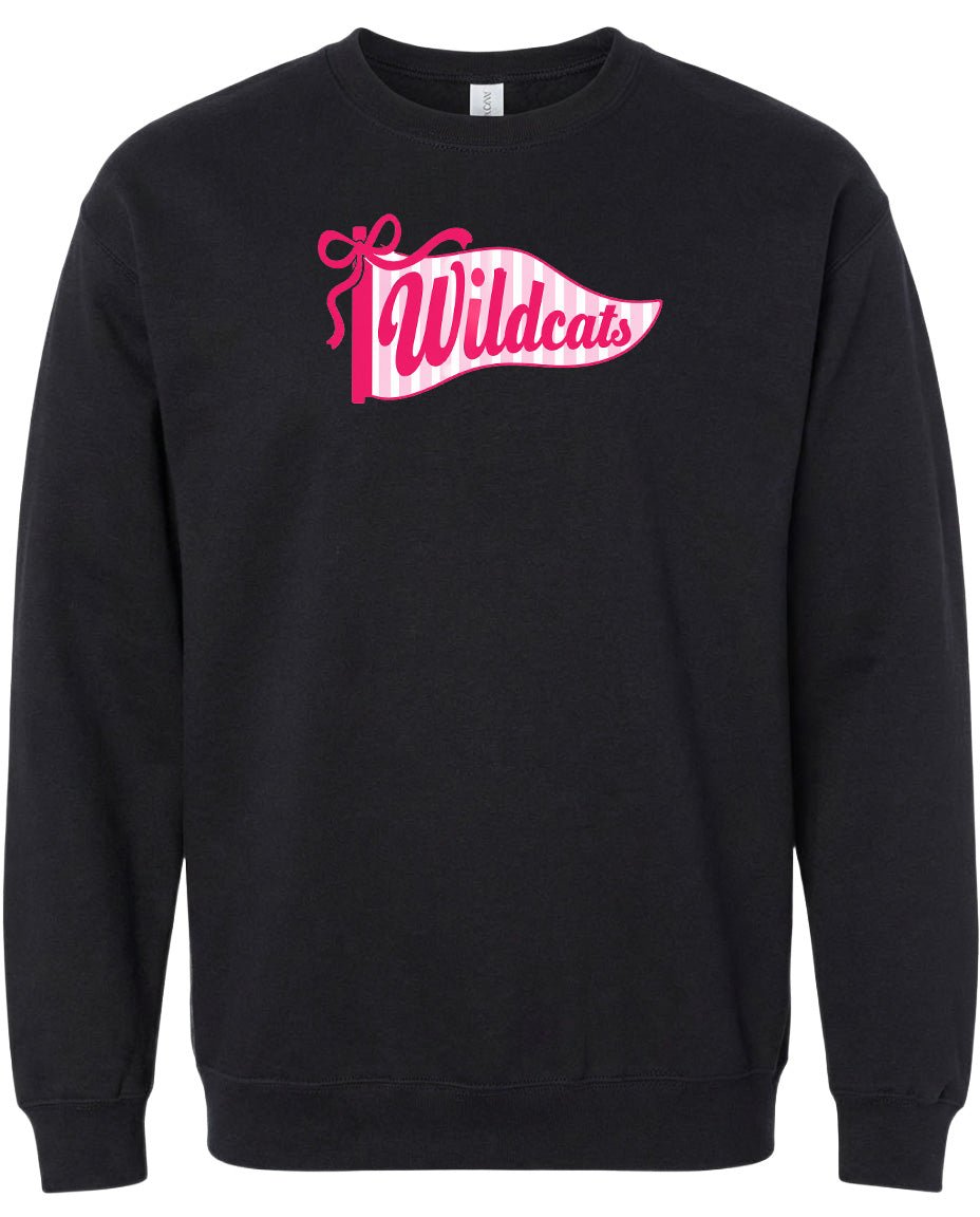 A black sweatshirt with a pink and white banner design featuring the word "Wildcats" on it.