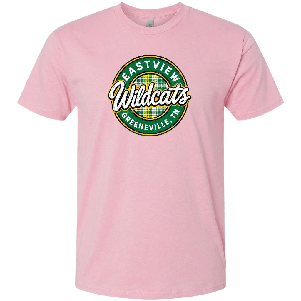 A pink t-shirt with a circular logo that says "Eastview Wildcats Greeneville, TN".