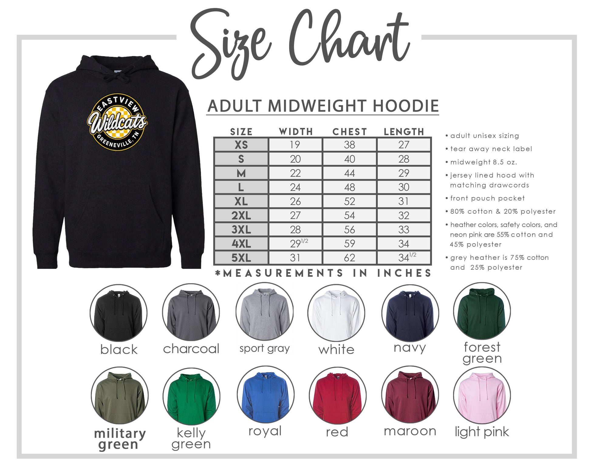 The image is a size chart for an adult midweight hoodie, including various color options and corresponding measurements in inches.