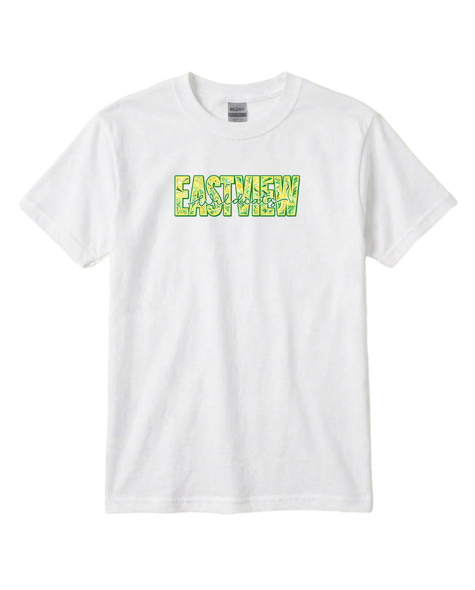 A white t-shirt with the text "EASTVIEW" printed on it in a stylized font.