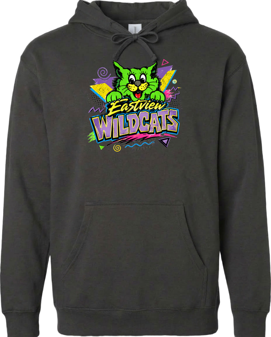 A hoodie with a graphic design featuring a cartoon cat and the text "Eastview Wildcats".