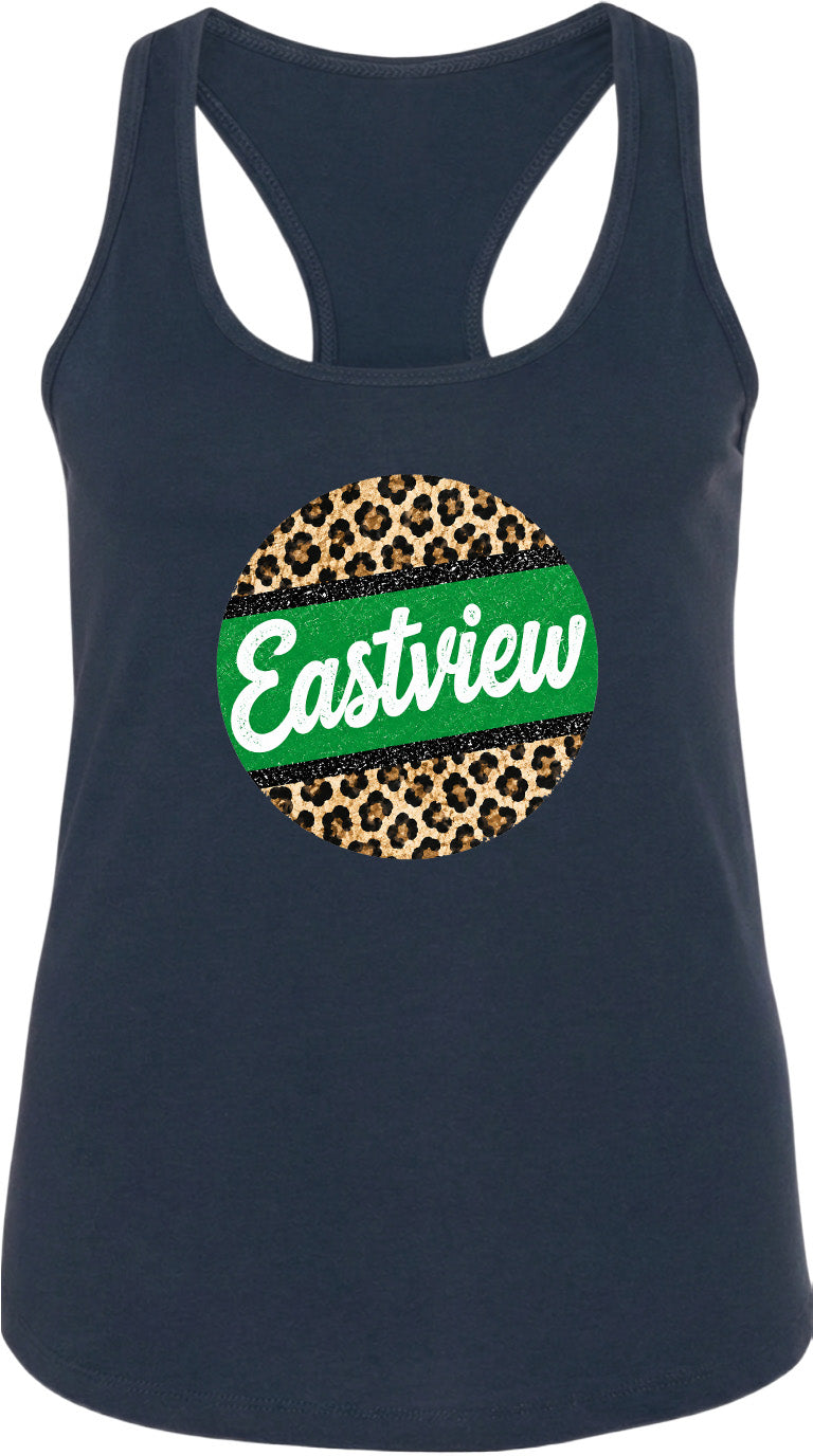 A navy blue tank top with a leopard print design and the word "Eastview" printed on it.
