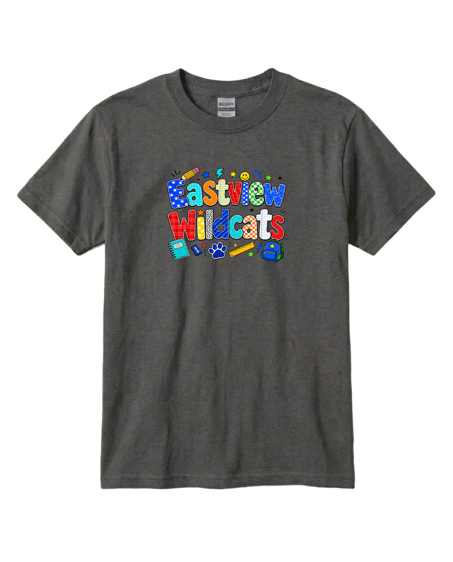 A gray t-shirt with a colorful graphic design featuring the text "Eastview Wildcats" and various school-related icons.