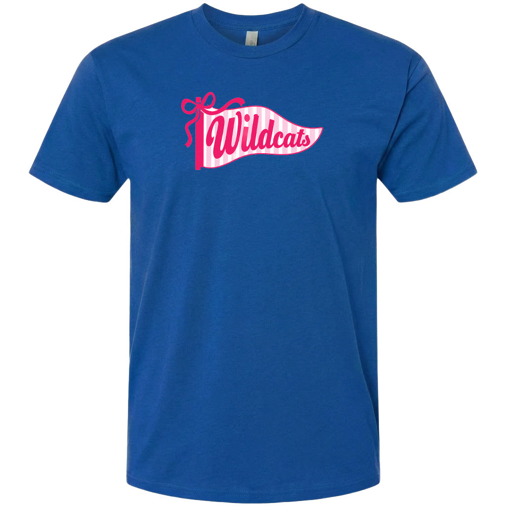 A blue t-shirt with a pink and white banner that says "Wildcats".