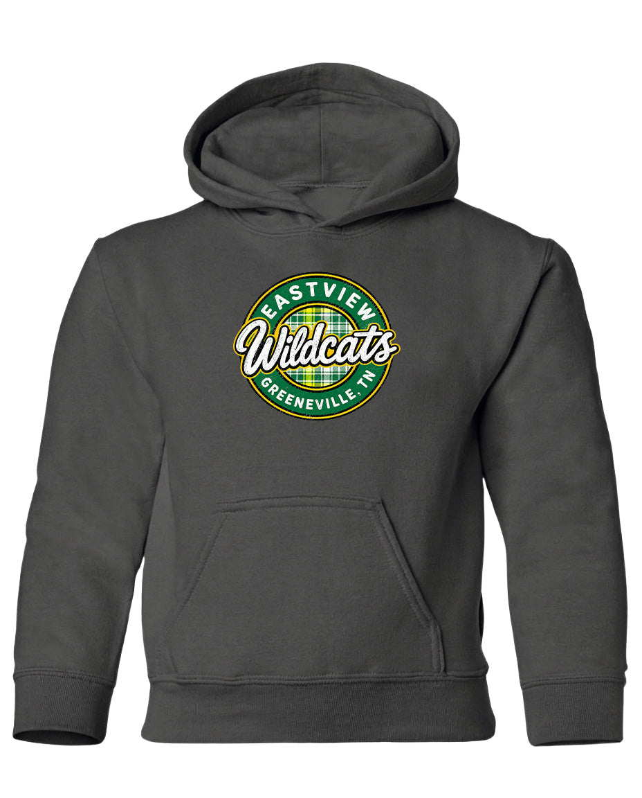 A gray hooded sweatshirt with a logo on the front.