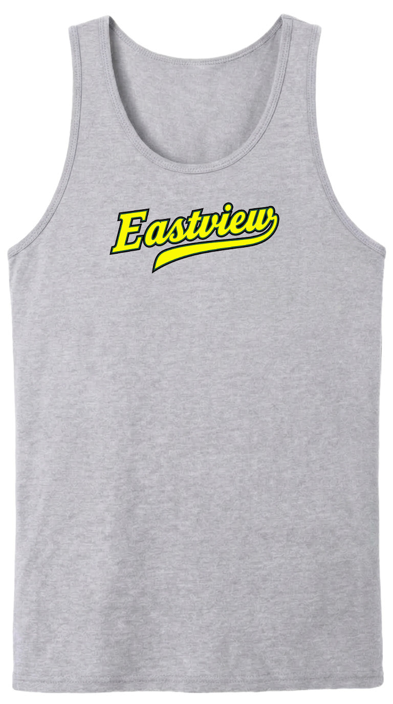 A gray tank top with the word "Eastview" printed in yellow on the front.