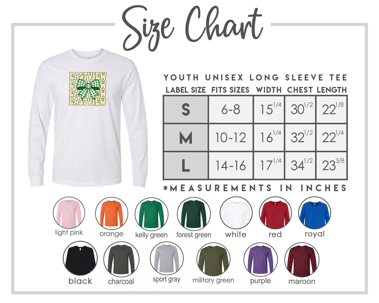 The image is a size chart for a youth unisex long sleeve tee, including various color options and corresponding measurements.