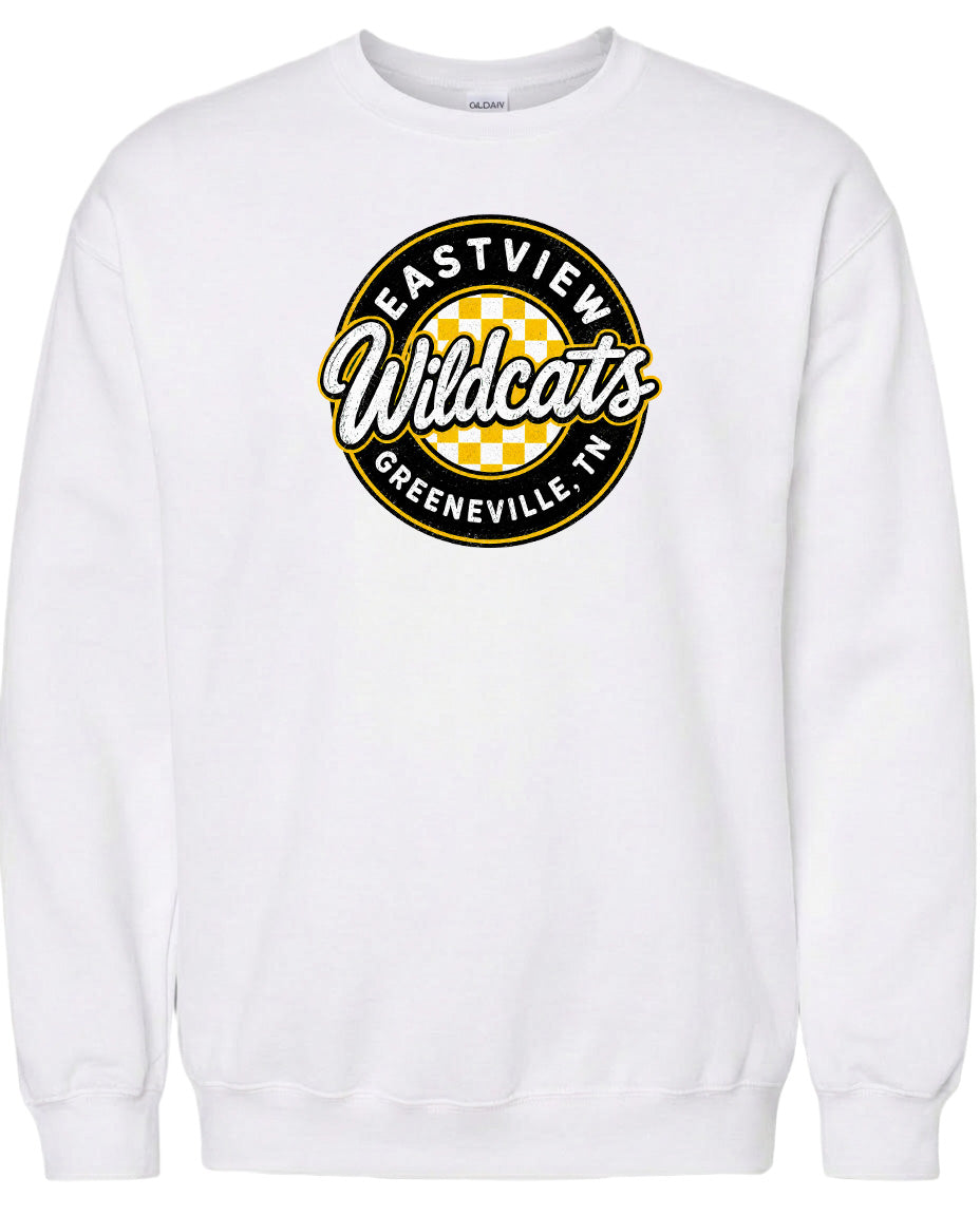 A white sweatshirt with a logo that says "EASTVIEW WILDCATS GREENEVILLE TENN".
