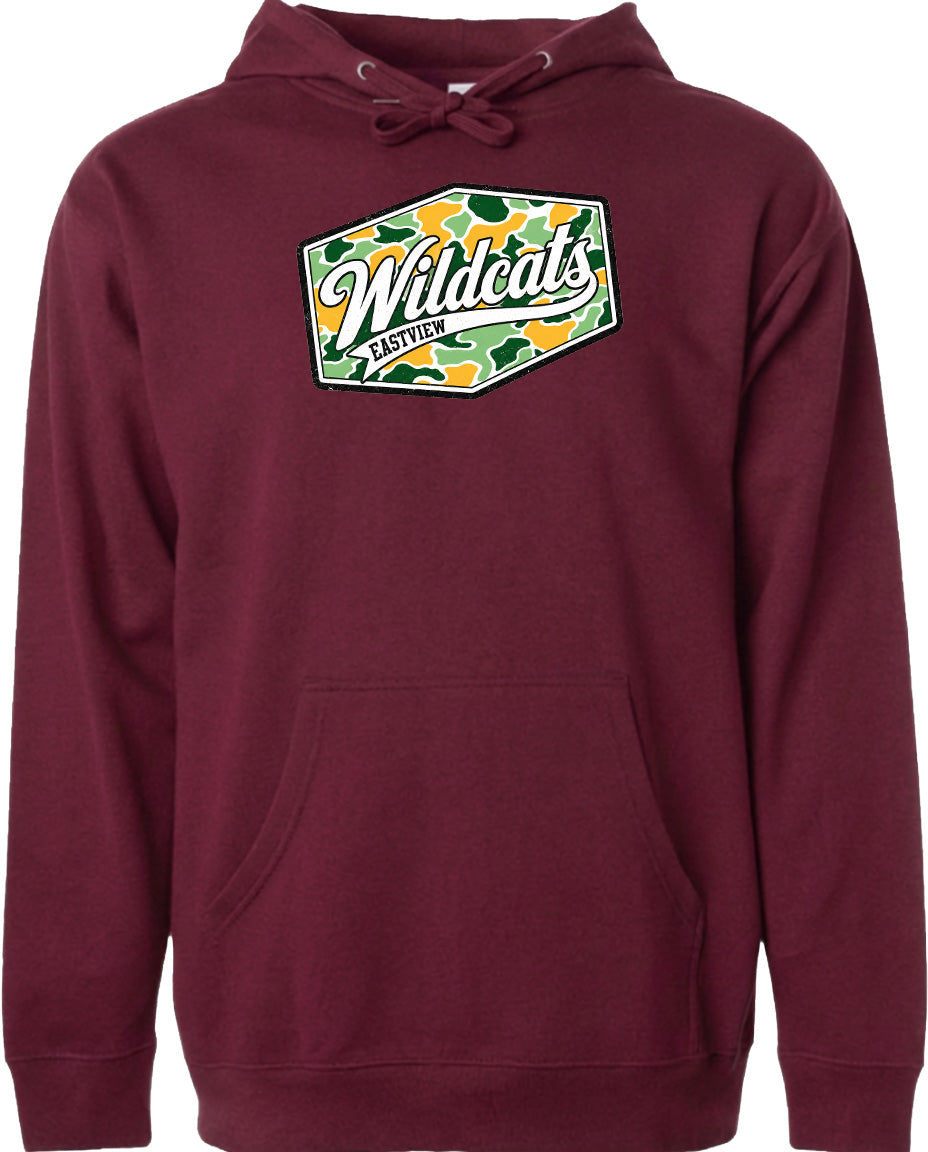 A burgundy-colored hoodie with a graphic design on the front.