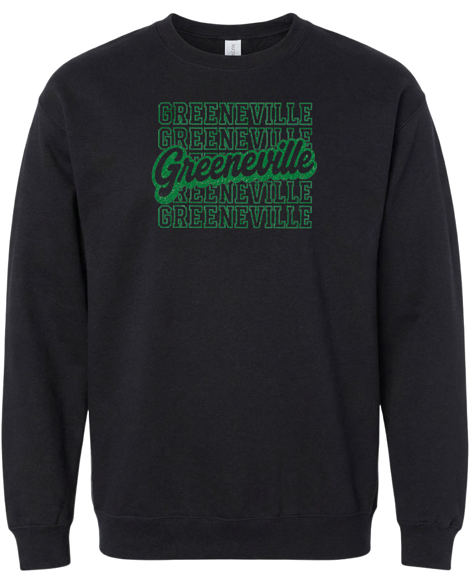 A black sweatshirt with the text "Greenville" printed in green on the front.