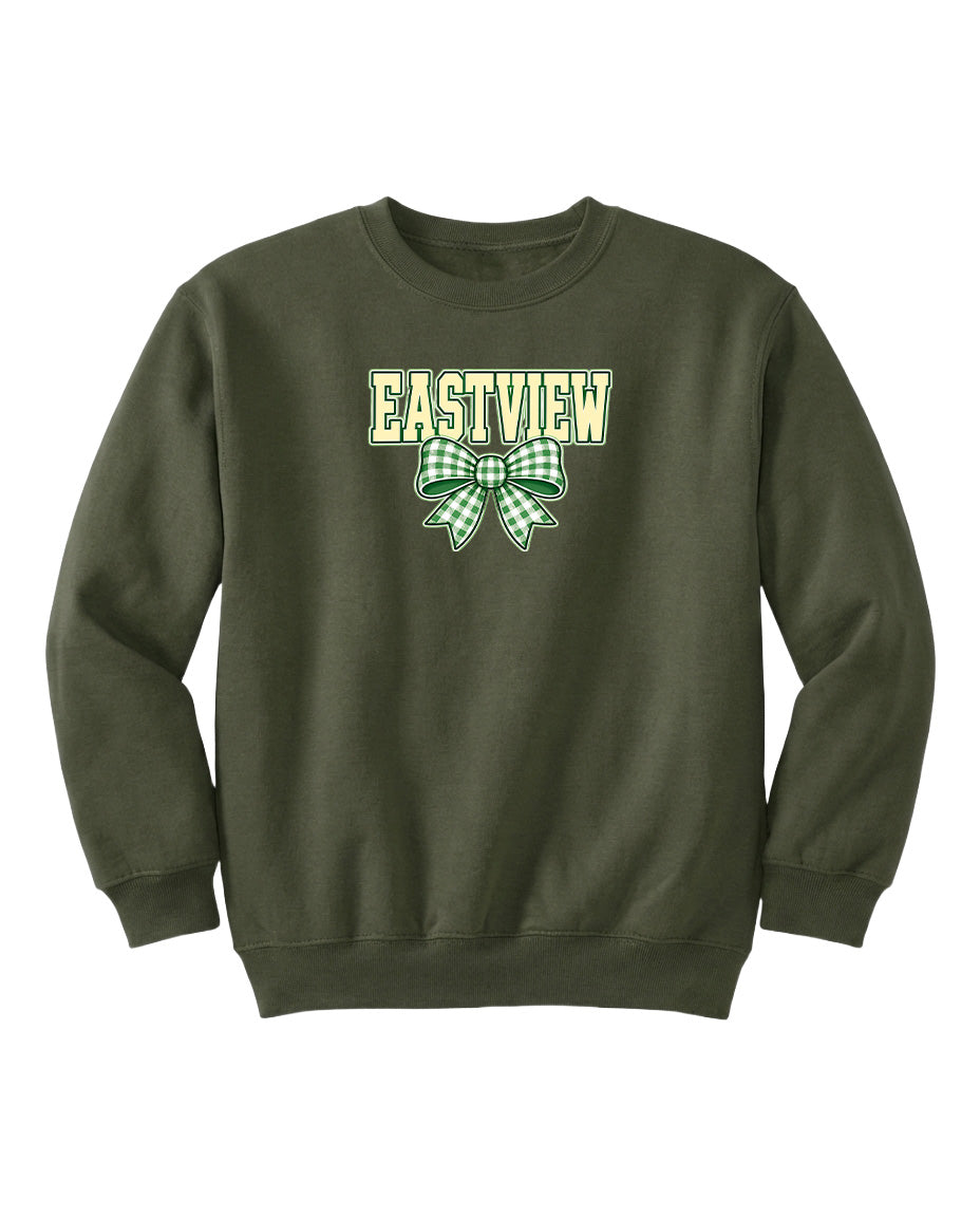 A dark green sweatshirt with a green and white bow on the front.
