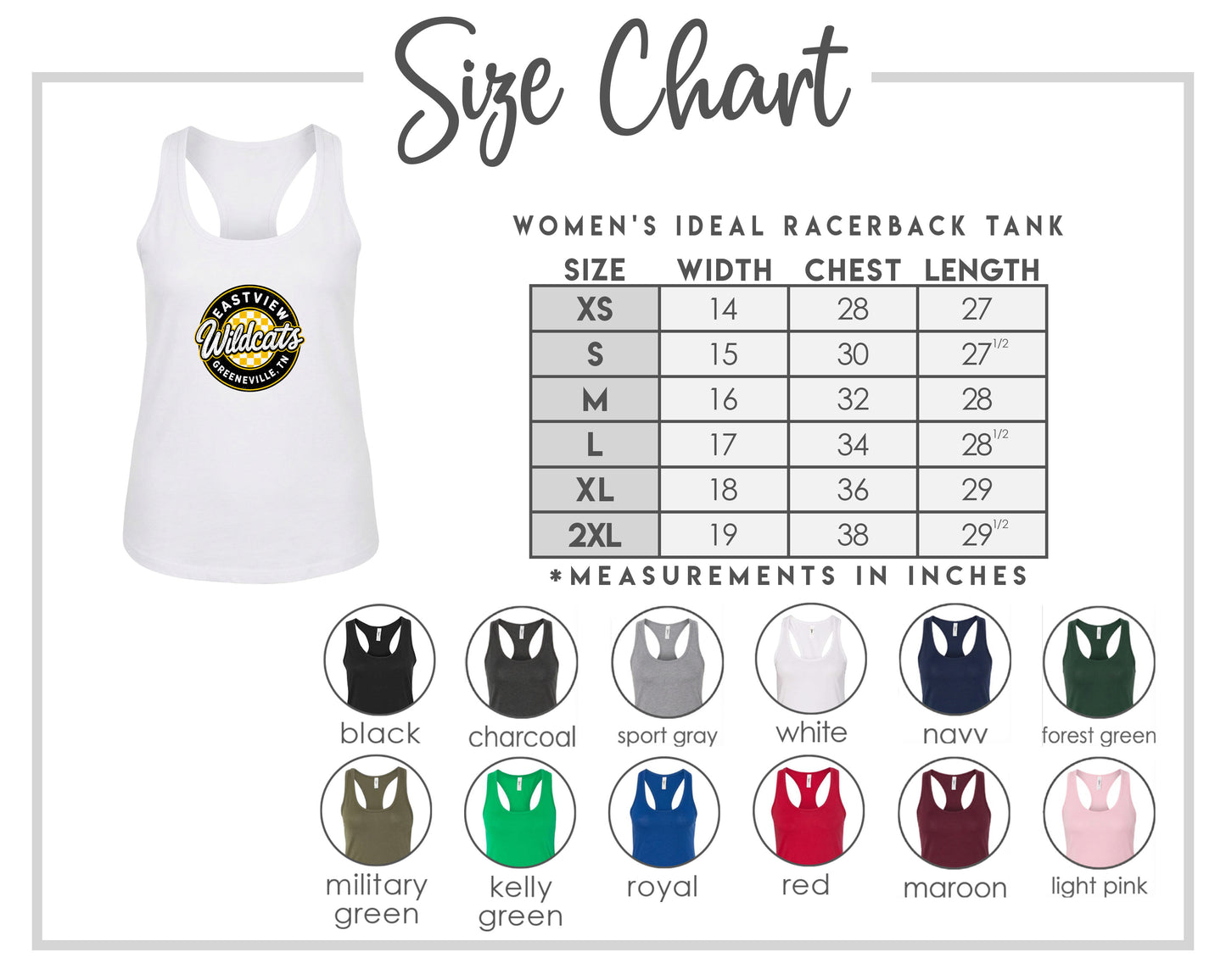 The image is a size chart for a women's ideal racerback tank, including various color options and corresponding chest length measurements.