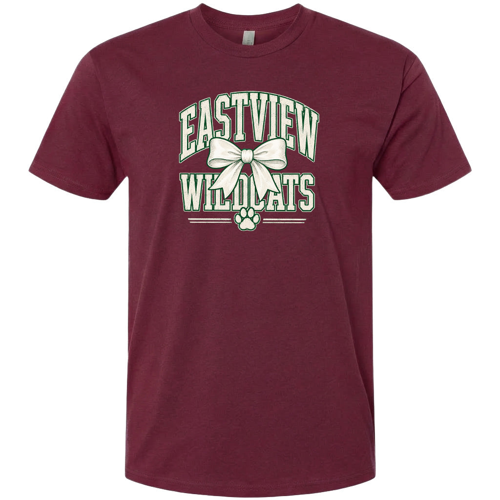 A burgundy-colored t-shirt with a graphic design featuring the text "EASTVIEW WILDLIFE" and a bow.