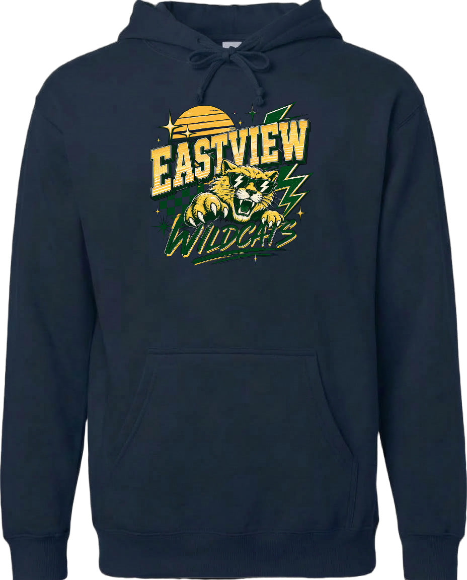 A navy blue hoodie with a graphic design featuring a tiger and the text "EASTVIEW WILDCATS" printed on it.