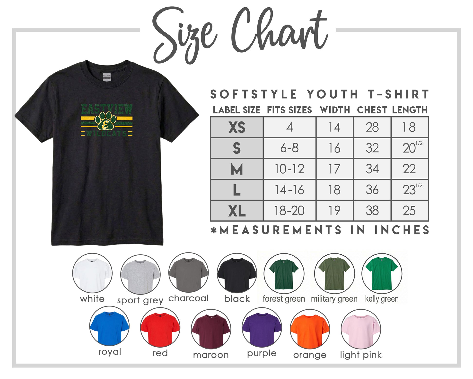 The image is a size chart for a softstyle youth t-shirt, providing measurements for different sizes and corresponding t-shirt colors.