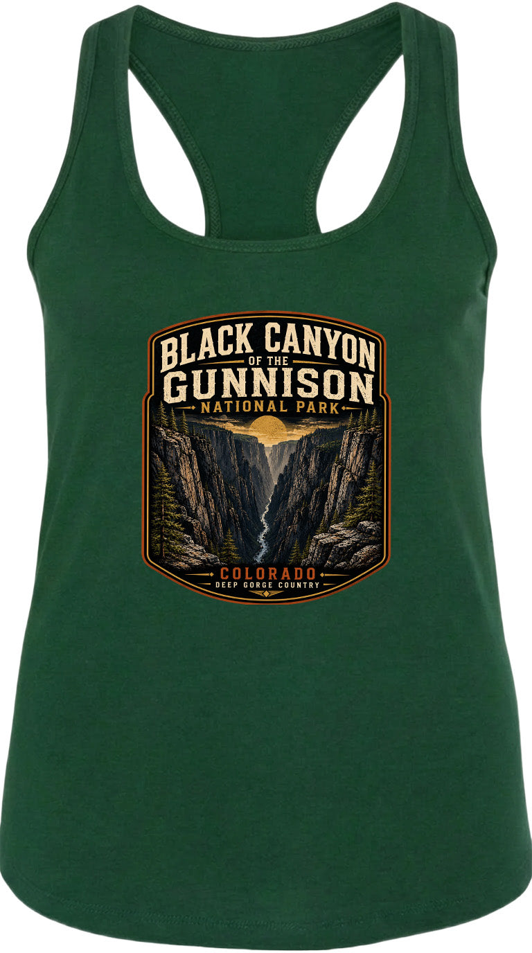 A green tank top with a graphic design depicting the Black Canyon of the Gunnison National Park in Colorado.