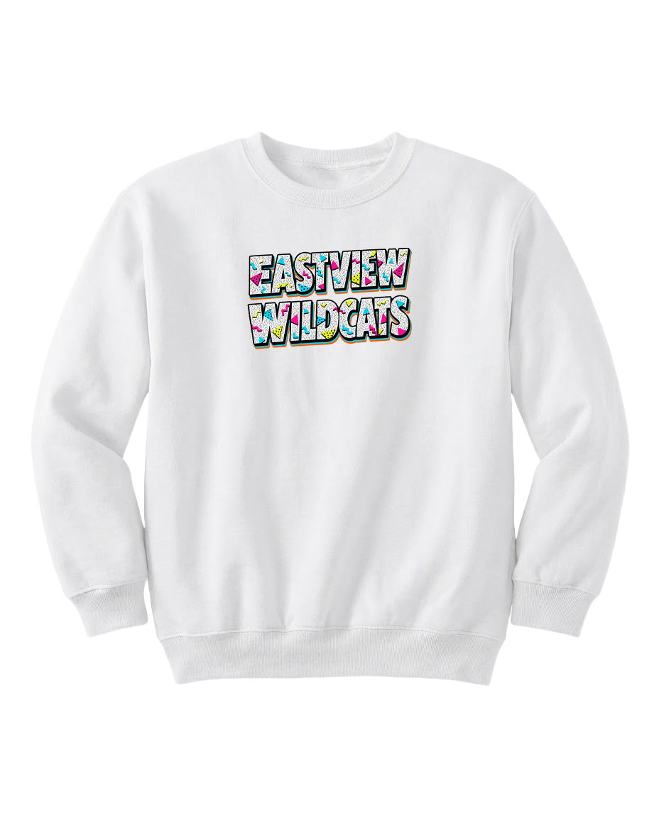 A white sweatshirt with the text "EASTVIEW WILDCATS" printed on it.