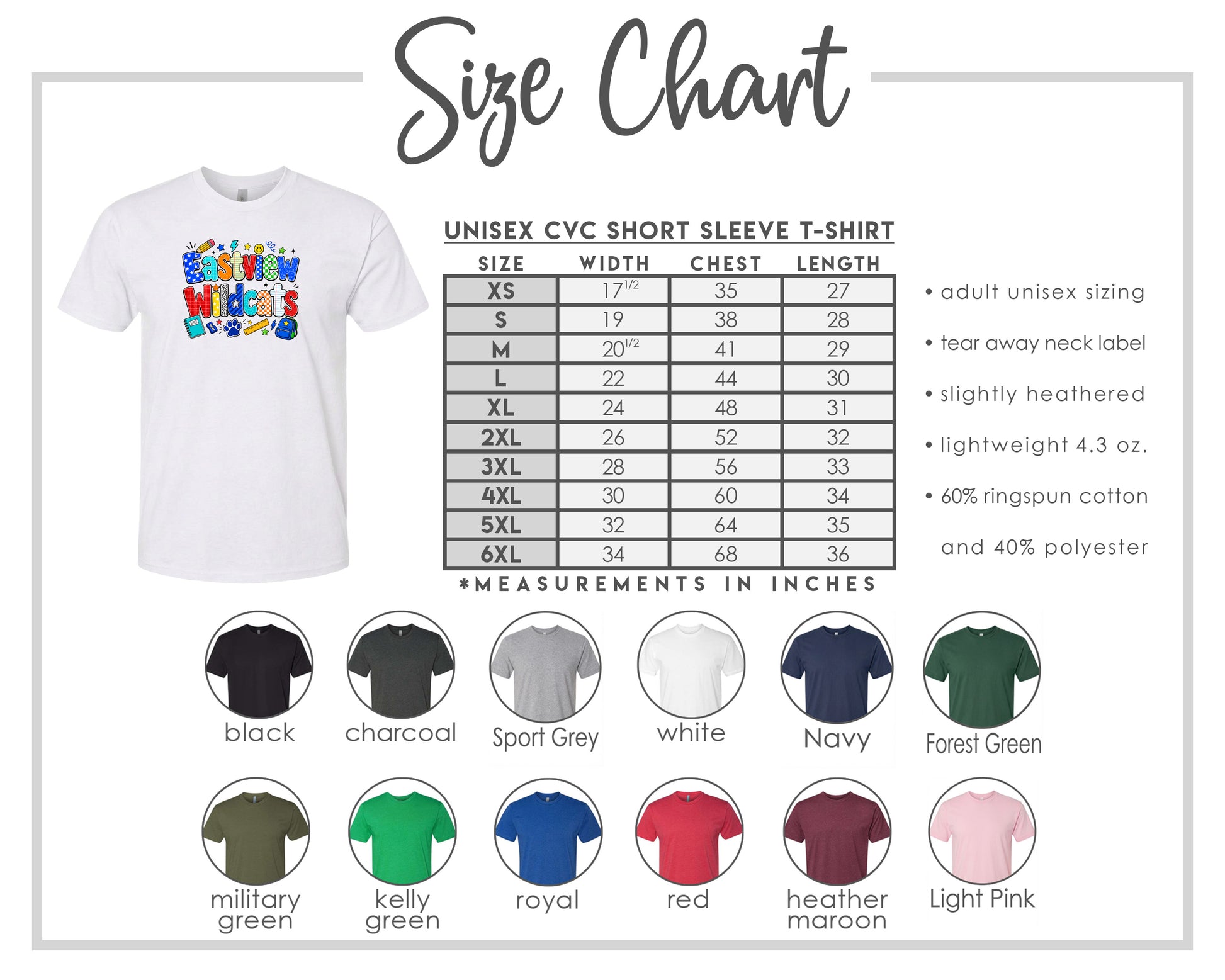The image is a size chart for a white short sleeve t-shirt, including various color options and corresponding measurements in inches.