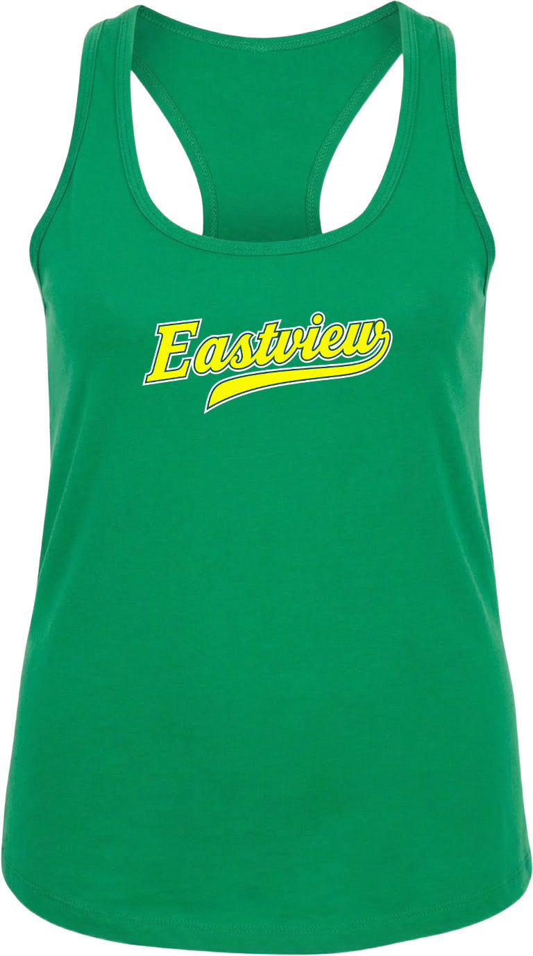 A green tank top with the word "Eastview" printed in yellow on it.